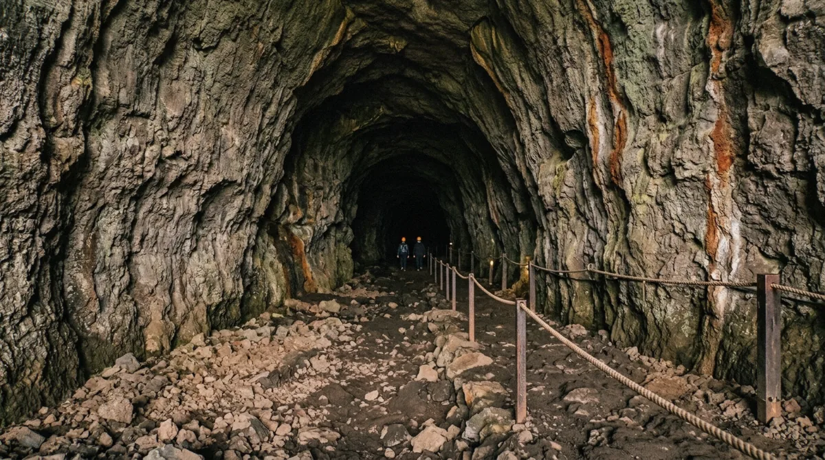 Torchlit basalt passage inside an Icelandic lava tube, the kind of cave compared in this guide to the best lava cave in Iceland