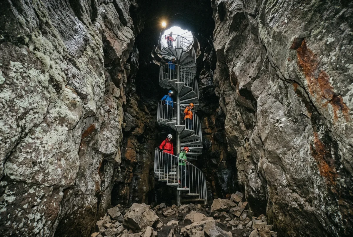 Open door of the small metal hut over the shaft entrance to the Vatnshellir lava cave in a mossy lava field below Snæfellsjökull glacier in Iceland