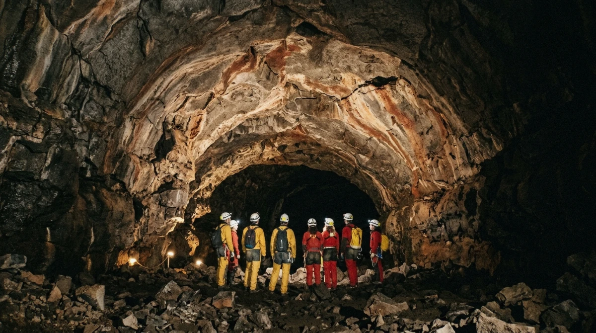 Torch beam on rust-red and yellow mineral walls in the lower chamber of the Vatnshellir lava cave in Snæfellsjökull National Park
