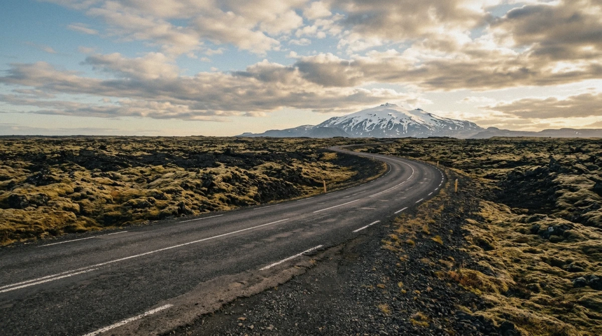 Empty paved Route 574 curving through a mossy lava field below Snæfellsjökull glacier on the way to Vatnshellir cave in Iceland