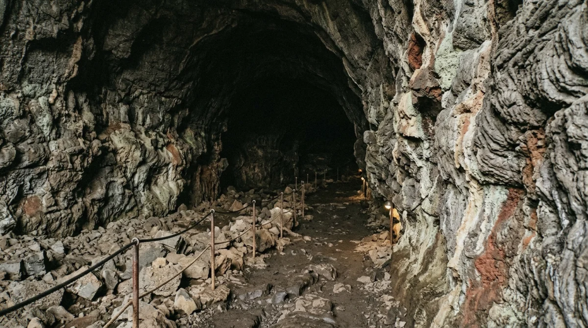 Ropy frozen lava wall in the upper chamber of Vatnshellir lava cave lit by a torch beam on Snæfellsnes in Iceland